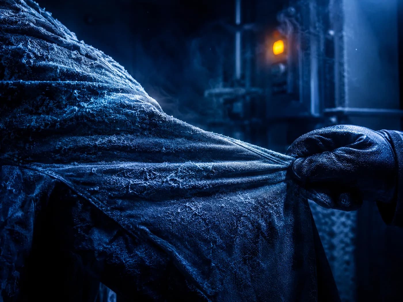 A frost-covered jacket being stress-tested in an industrial cold chamber