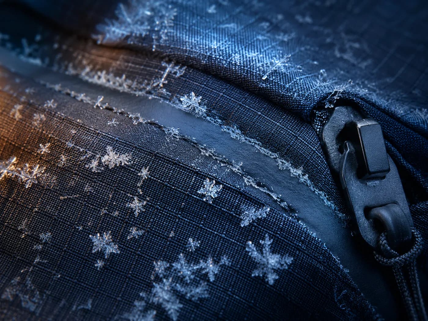 Macro of frost crystals forming on technical ripstop fabric with a taped seam