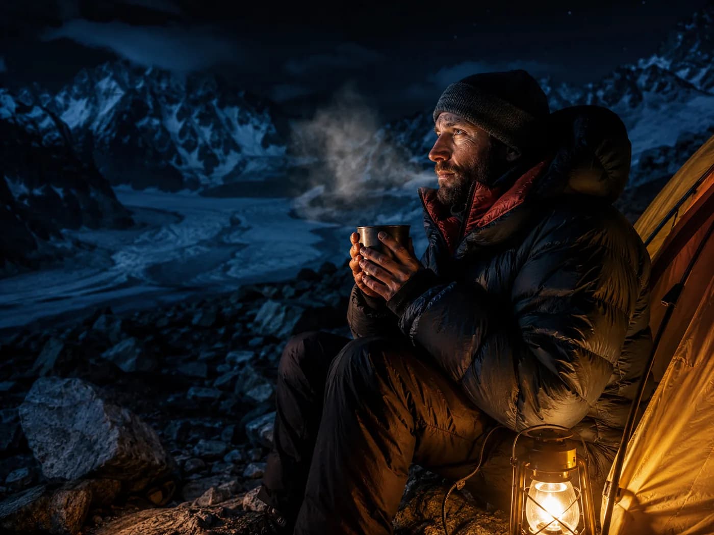 Climber at a night bivouac in the GLACIER down jacket, lantern light against the ice