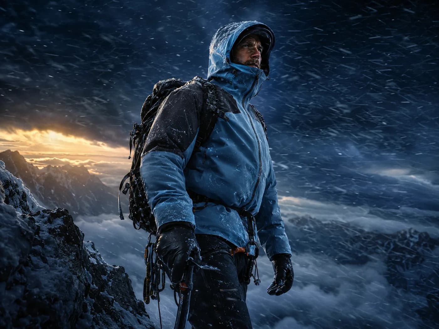 Mountaineer in a storm on an exposed summit ridge wearing the SUMMIT shell