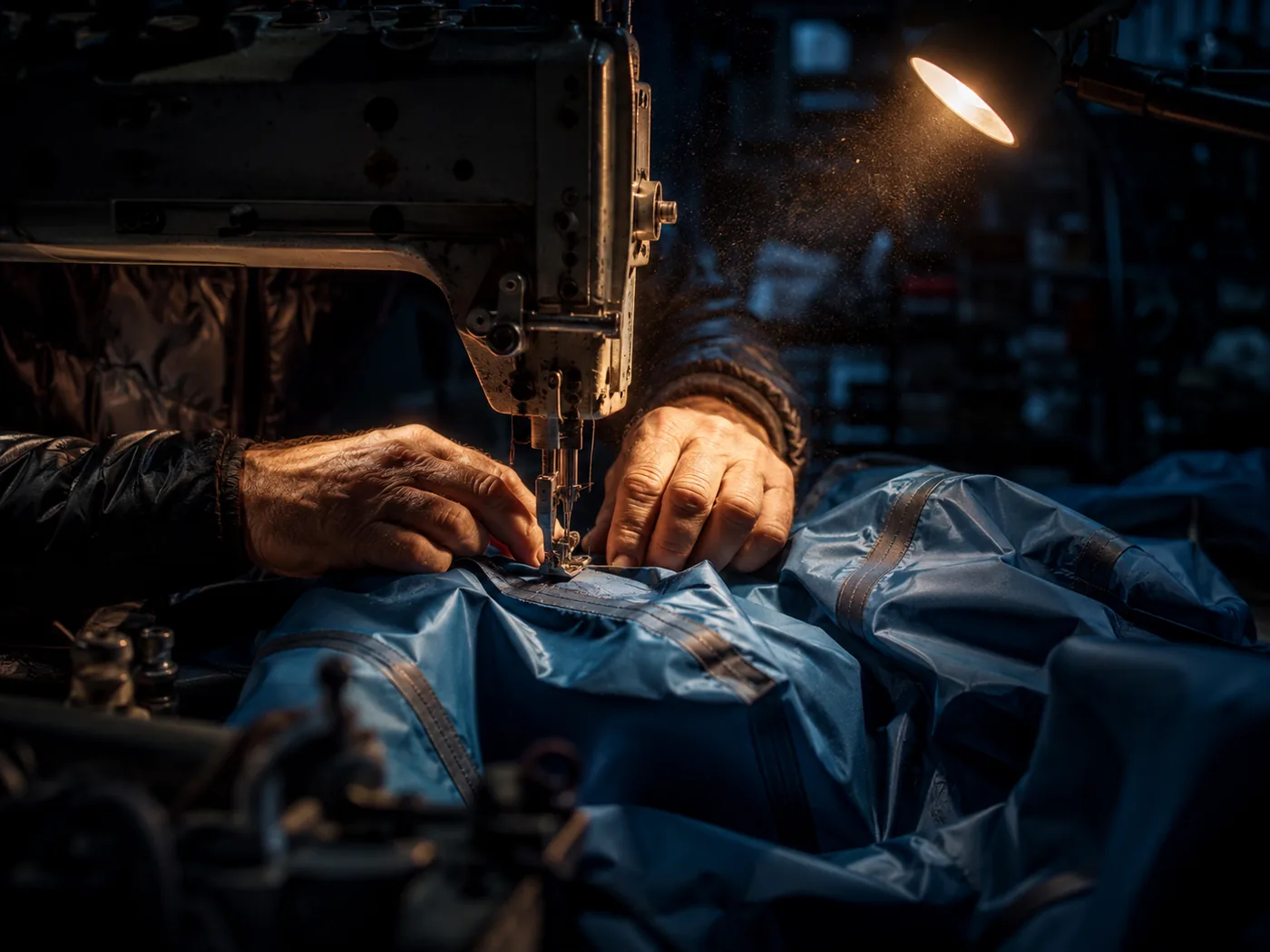 Hands guiding technical fabric through an industrial sewing machine in the workshop